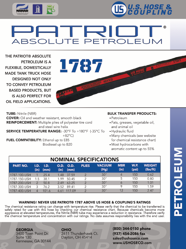 Patriot 1787 Petroleum Hose Spec Sheet